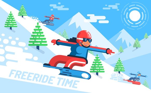 Girl snowboarder rushes down on slope among the firs - freeride. In the background, mountains. Vector illustration flat style.