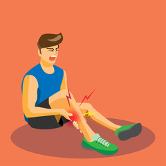 Runner with injured calf crying with painful, cartoon flat-style vector illustration.