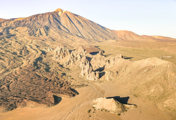 High angle aerial view of Teide National Park in Tenerife - Canarian world famous volcano - Wander concept with world nature wonder on unique wild landscape in Canary Islands