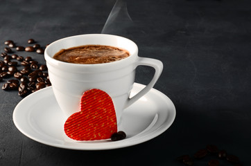St.Valentines hot coffee with red heart on black background