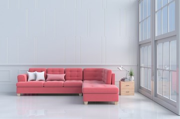 Red - pink sofa in white living room decor with tree,pillows, Wood bedside table, Window, White wall&floor. Rooms of Love on Valentine`s Day. Background and interior. 3D render. copy space.