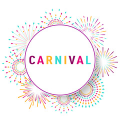 Carnival poster, banner with colorful party elements - fireworks, confetti, stars and splashes. Festival concept design. Place for text
