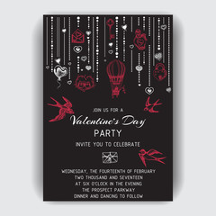 Vector illustration sketch hand drawn invitation card fof Valentine's day. Romantic, love, hearts, sweets, flowers, gifts.