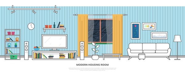 Interior of a modern living room in a linear style. Vector illustration.