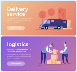 Banners on theme of service delivery and logistics. Staff and transport of goods delivery. Flat vector illustration.