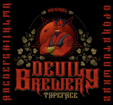 Retro Font Set With Hops Ornament, Devil And Pentagram For Making Label Design.