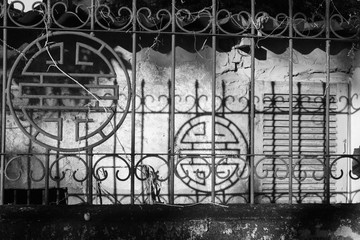 black and white photo with the longevity symbol in Hue, Vietnam.