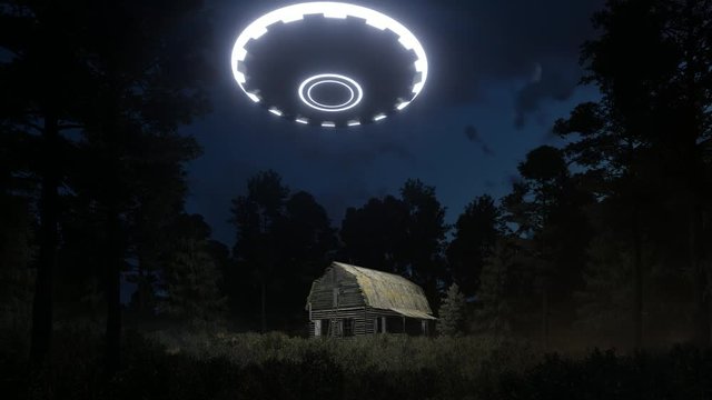 3d render UFO over the hut in the forest