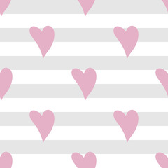 Hand drawn cute pink hearts on gray stripes. Vector seamless pattern for valentine day projects: cards, wrapping paper, backgrounds. 
