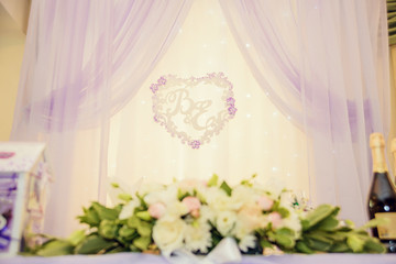 wedding decor, table for the newlyweds at a Banquet in purple color