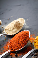 Various spices spoons on stone table.On dark concrete background.Herbs and spices on wooden table.  Top view with space for your text