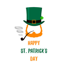Vector Saint Patrick's Day character leprechaun with green hat, red beard, smoking pipe and no face. Design elements for St. Patricks Day. Isolated on white background.