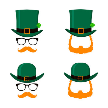 Vector set of Saint Patrick's Day character leprechaun with green hat, red beard and no face. Design elements for St. Patricks Day. Isolated on white background.