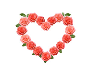 Valentine Day concept. Heart made from Pink Rose and green leaves isolated on white background.