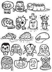 High-Quality Set of Creepy Halloween / Freakshow / Zombie Related Stickers. Hand Drawn Doodles. Vector, Grouped, Ready to use!
