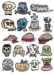 High-Quality Set of Creepy Halloween / Freakshow / Zombie Related Stickers. Hand Drawn Doodles. Fully Colored, Vector, Grouped, Ready to use!