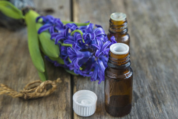 blue hyacinth flower and two dark vials with essential oil on old wooden background close up