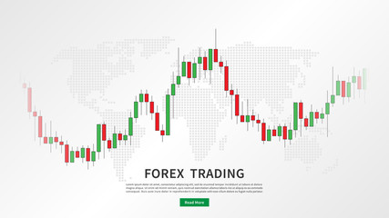 Stock market candlestick chart with world map vector illustration. Green and red japanese candle bars graph with sample text graphic design.
