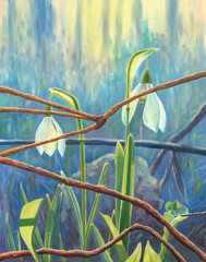 Flower of snowdrop. Spring sunny day. Oil painting.