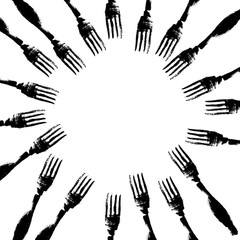 Banner of forks panted by ink isolated on white. Menu. Cafe.