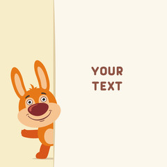 Funny bunny rabbit looks out over the fields to text. Template with bunny rabbit for cards, invitations or greetings