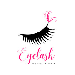 Eyelash extension logo. Makeup with pink butterfly. Vector illustration in a modern style