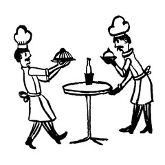 drawing picture two cooks served on a table of dishes in a restaurant, sketch, hand-drawn comic graphic vector illustration