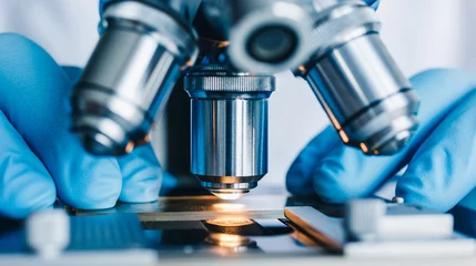 Foto op Plexiglas Close-up shot of microscope with metal lens at laboratory. © kkolosov