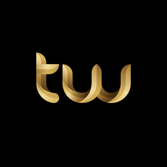 Initial lowercase letter tw, swirl curve rounded logo, elegant golden color on black background