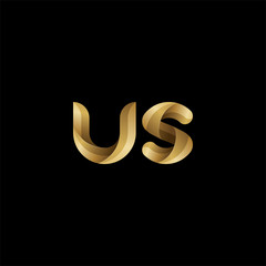 Initial lowercase letter us, swirl curve rounded logo, elegant golden color on black background