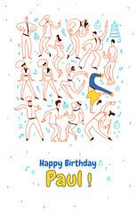 Creative personal greeting card for friends birthday. Party dance people.