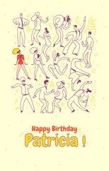Creative personal greeting card for friends birthday. Party dance people.