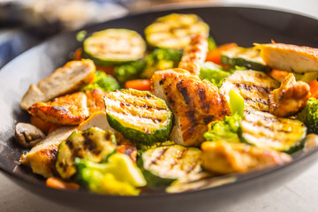 Grilled chicken breast zucchini broccoli and carrot in black plate. Greek or mediterranean food
