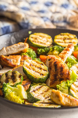 Grilled chicken breast zucchini broccoli and carrot in black plate. Greek or mediterranean food