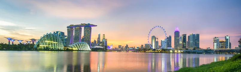 Papier Peint photo Lavable Singapour Business city district of Singapore Skyline. At marina bay sand and the garden by the bay on sunset with modern tower building with lighting and colorful of sky cloud.