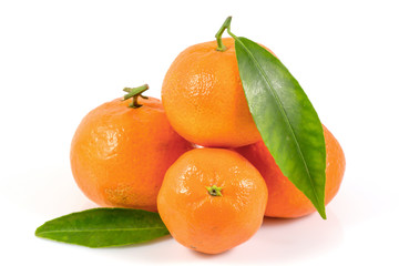 Fresh tangerines oranges with leaves isolated on white background, Healthy fruits, with a clipping path Top view.