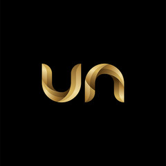 Fototapeta premium Initial lowercase letter un, swirl curve rounded logo, elegant golden color on black background