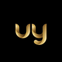 Initial lowercase letter uy, swirl curve rounded logo, elegant golden color on black background