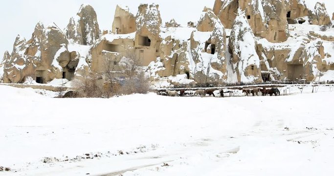 Beautiful geological formations in Cappadocia at winter