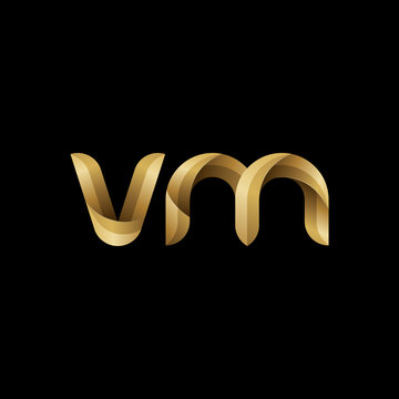 Initial lowercase letter vm, swirl curve rounded logo, elegant golden color on black background