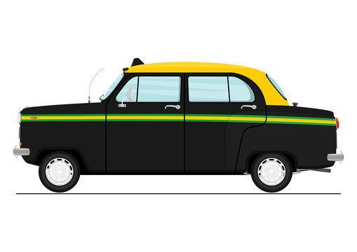 Cartoon Indian taxicab. Side view. Flat vector.