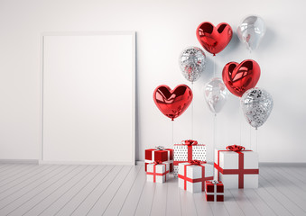 Poster mock up with red and silver glossy 3d realistic balloons in heart shape with stick. Valentine's Day or wedding day romantic themes for party, events, presentation or promotion banner, posters.