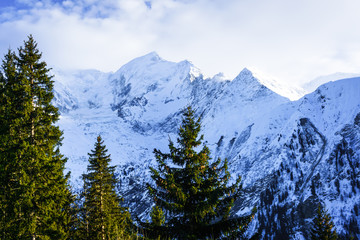 Beautiful landscape of snowy mountain view in Bellvue Saint-Gervais-les-Bains. One of Alps mountain top near Mont Blanc. Famoust place for winter sport like skiing with family and for recreation.