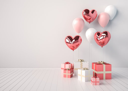 Set of pink and white glossy 3d realistic balloons in heart shape with stick. Valentine's Day or wedding day romantic background for party, events, presentation or promotion banner, posters.