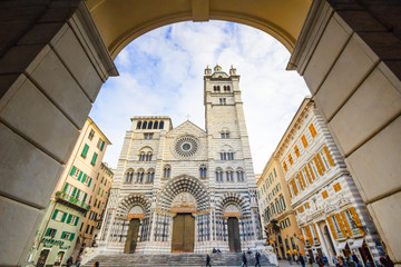 Cathedral and famous in the city center in Genoa Italy, Cattedrale di San Lorenzo - obrazy, fototapety, plakaty