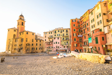 Beautiful Small Mediterranean Town with the beach in the winter season It is beautiful at sunrise Or sunset time - Camogli, Genoa Italy, European travel.