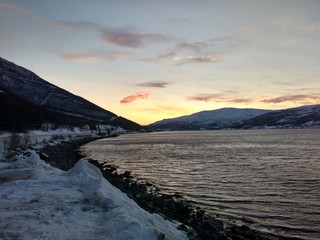 Winter in Norway, Nord-Norge, Northern Norway, Nord Norge, Fjord, Vinter i Norge, Sunset, Solnedgang, Sunrise, Soloppgang, Finnmark, Troms, Snow Mountains, Orange sun, december in arctic, orange sky
