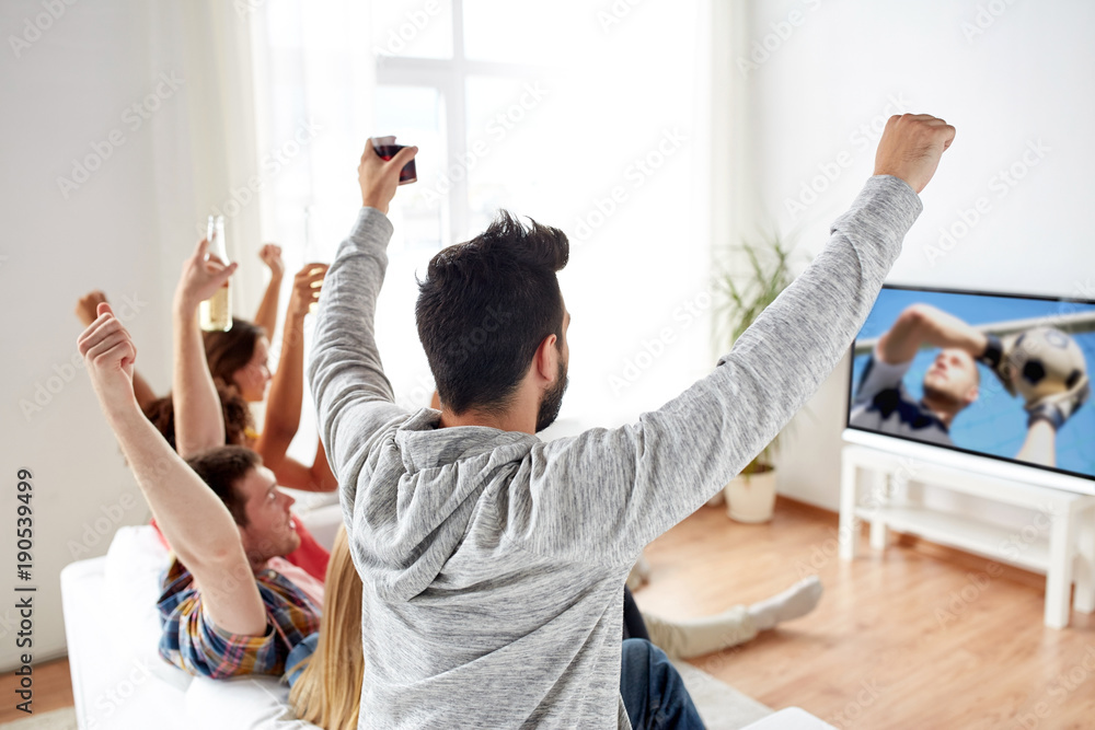 Sticker friends watching football or soccer game on tv