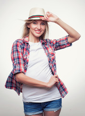 Closeup studio portrait of hipster young woman