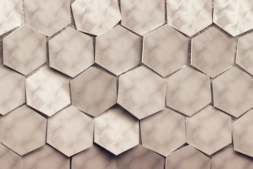 Illustration with large repating randomly arranged hexagons. Tinted with brown color pattern with 3d hexagons. 3d illustration.